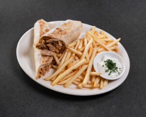 Mediterranean beef koobideh wrap with grilled beef kabob and fresh vegetables at Jasmine Grill & Cafe