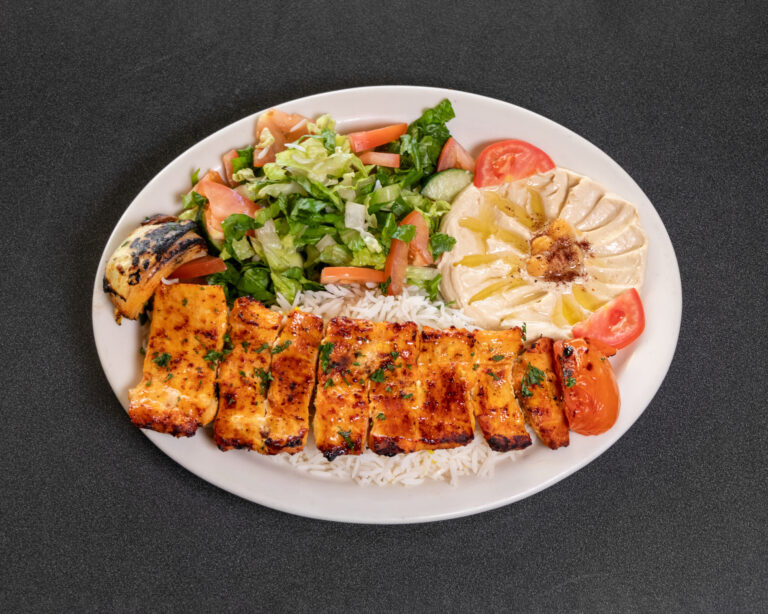 Mediterranean chicken soltani kabob platter with koobideh, barg and basmati rice at Jasmine Grill & Cafe