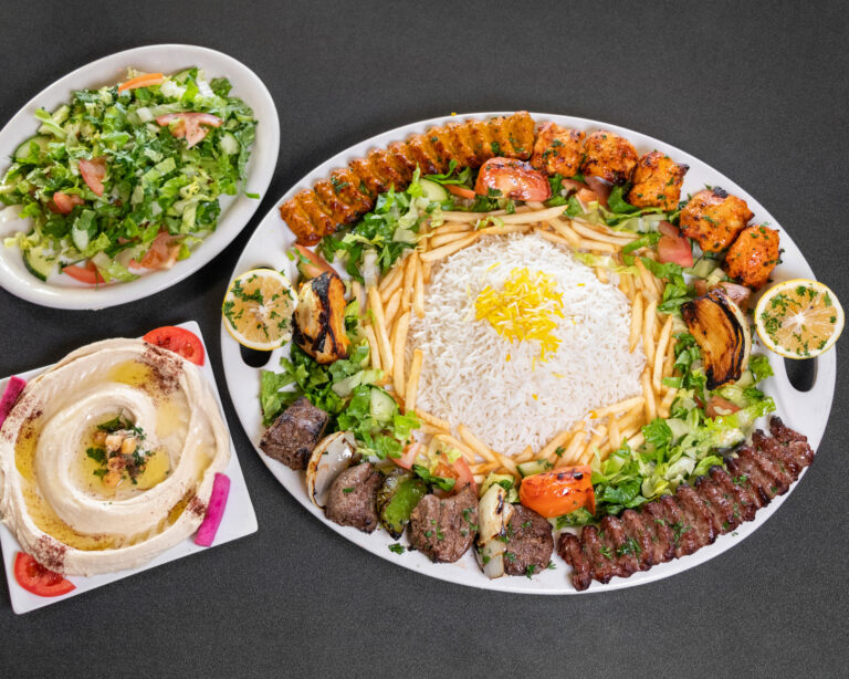 Mediterranean family combo kabob platter with beef, chicken, koobideh and basmati rice at Jasmine Grill & Cafe