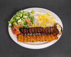Mediterranean koobideh combo kabob platter with beef and chicken kofteh and basmati rice at Jasmine Grill & Cafe